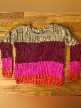 Colorblock Crewneck Sweater in Beige, Burgundy, Pink & Orange